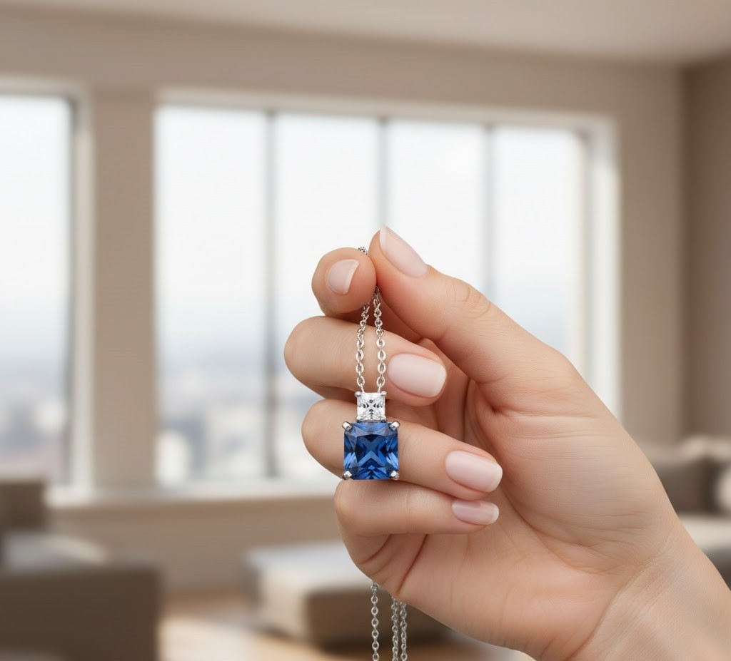 Lab Created Blue Sapphire Pendant Earring Set Everyday Wear 14k White GoldFinish