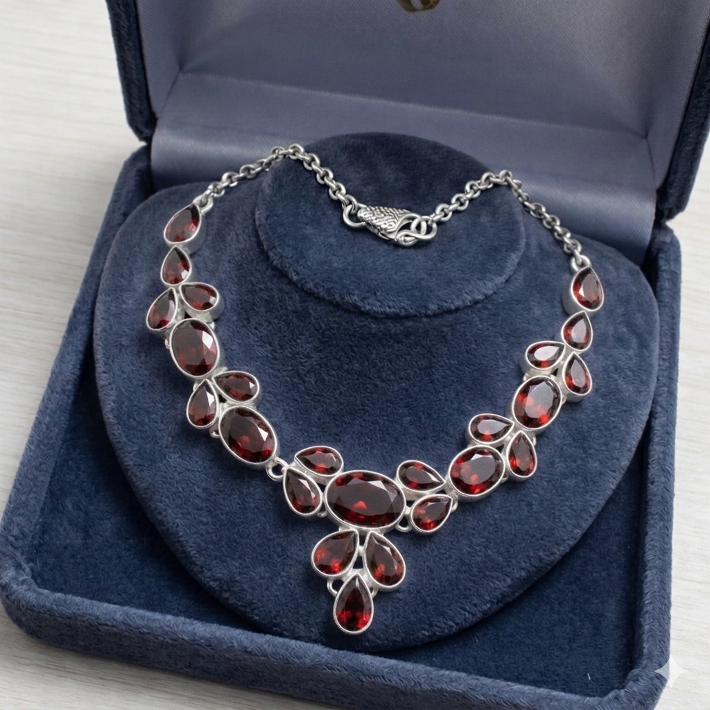 Red Garnet Gemstone 925 Sterling Silver Jewelry Necklace Size-17-18″