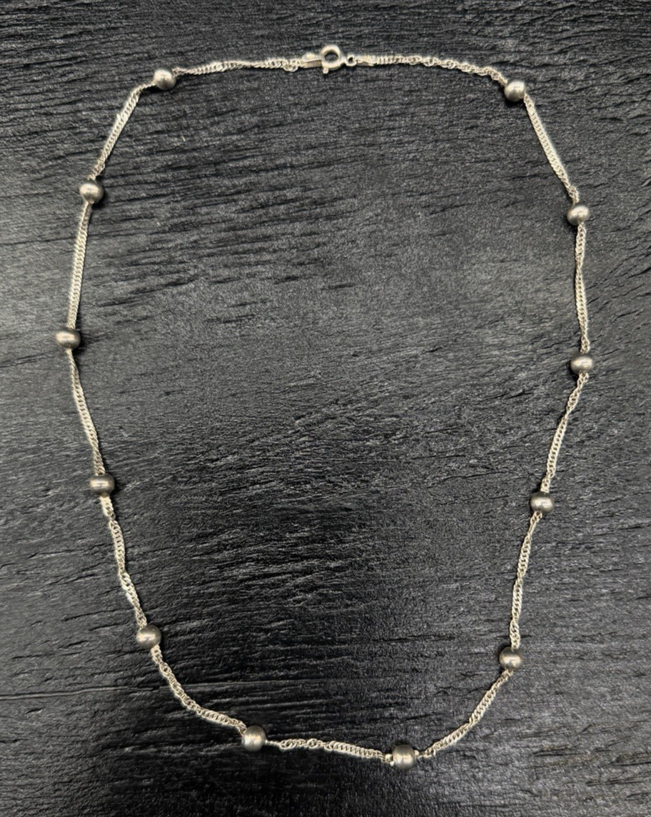 Sterling Silver 925 Italy Ribbed Station Bead Chain Necklace 17.75”