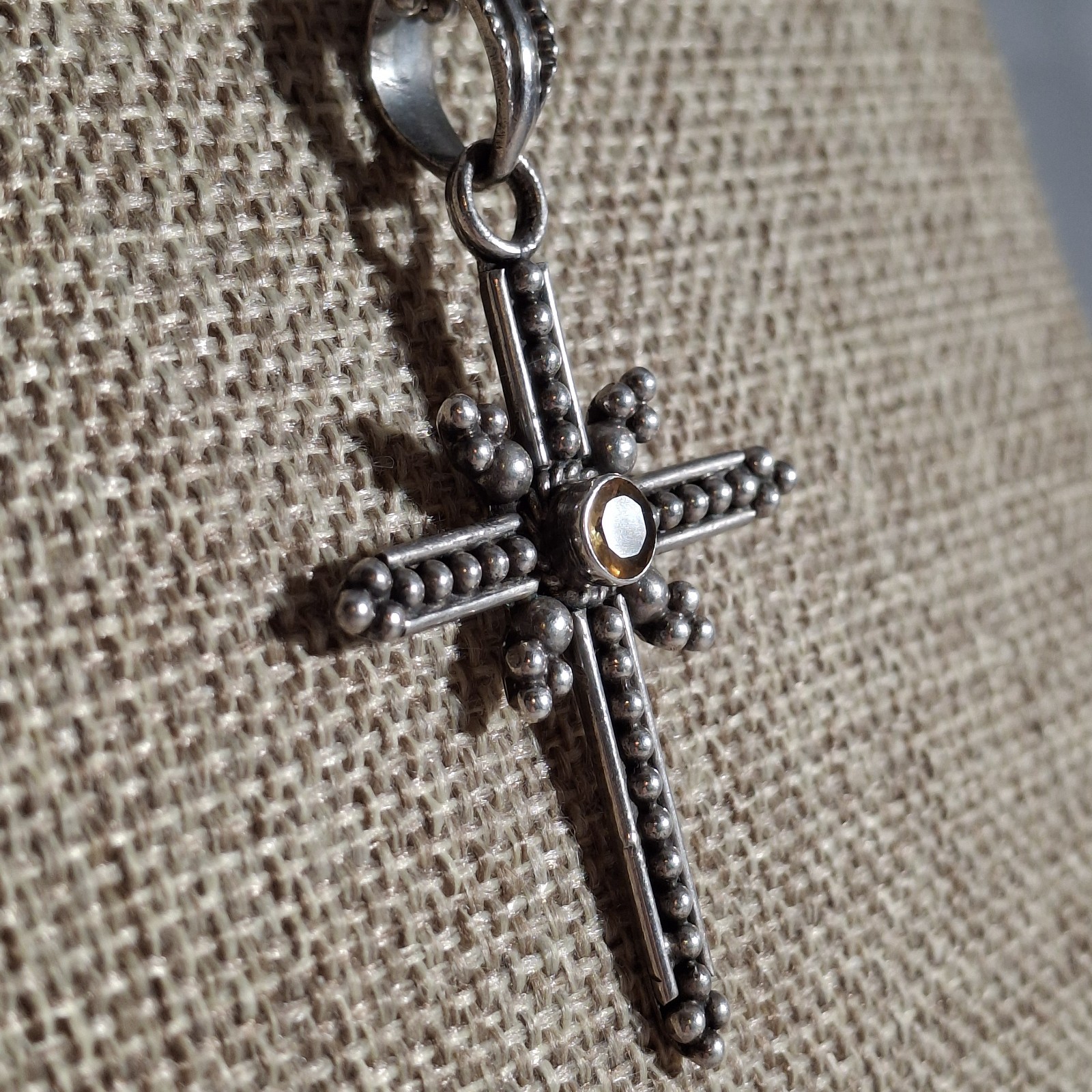 Vintage Taxco Sterling Silver Beaded Citrine Gem Cross Pendant Necklace 21 in
