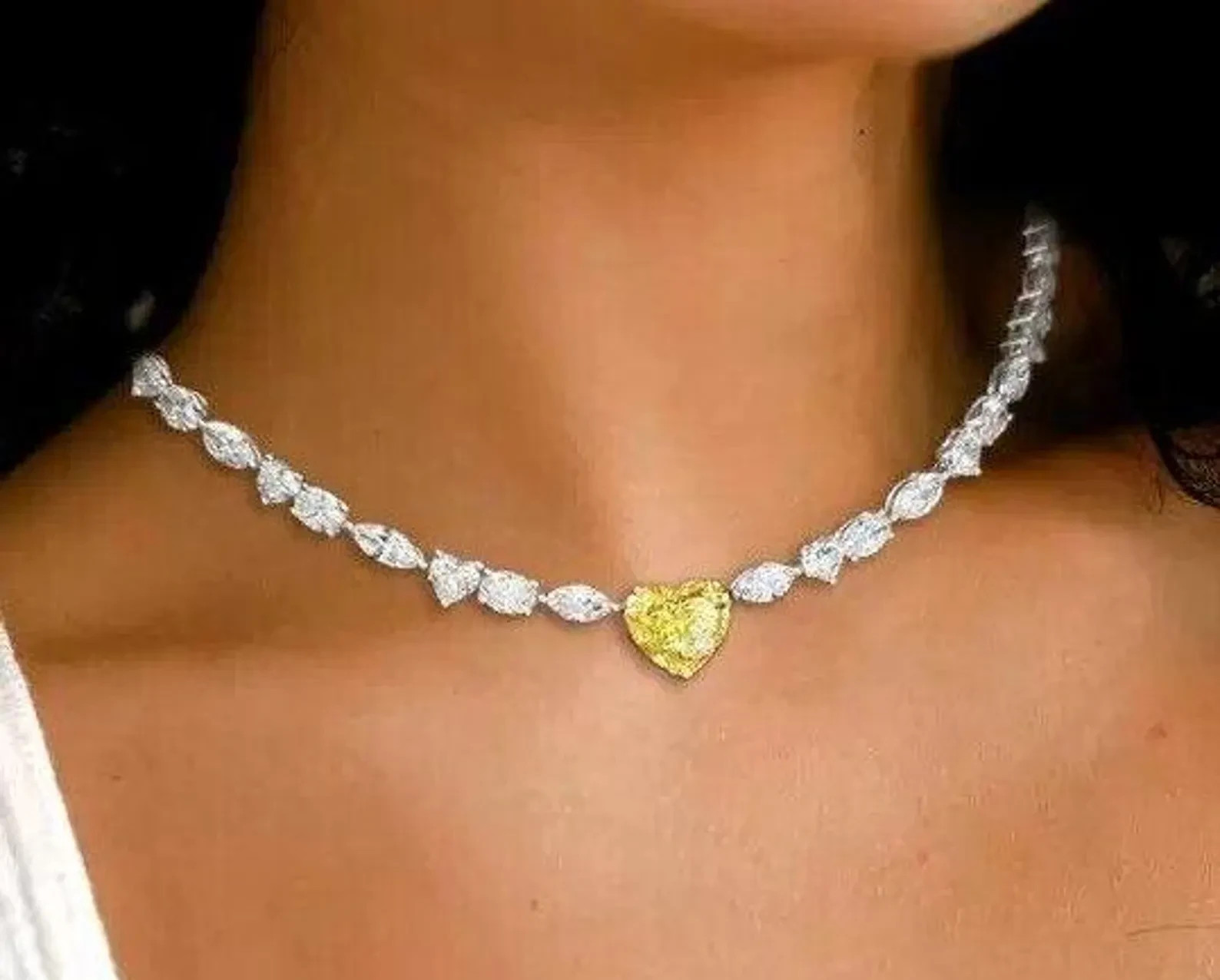 Multi-Shaped Canary Yellow & White Diamond 14K White Gold Over Tennis Necklace