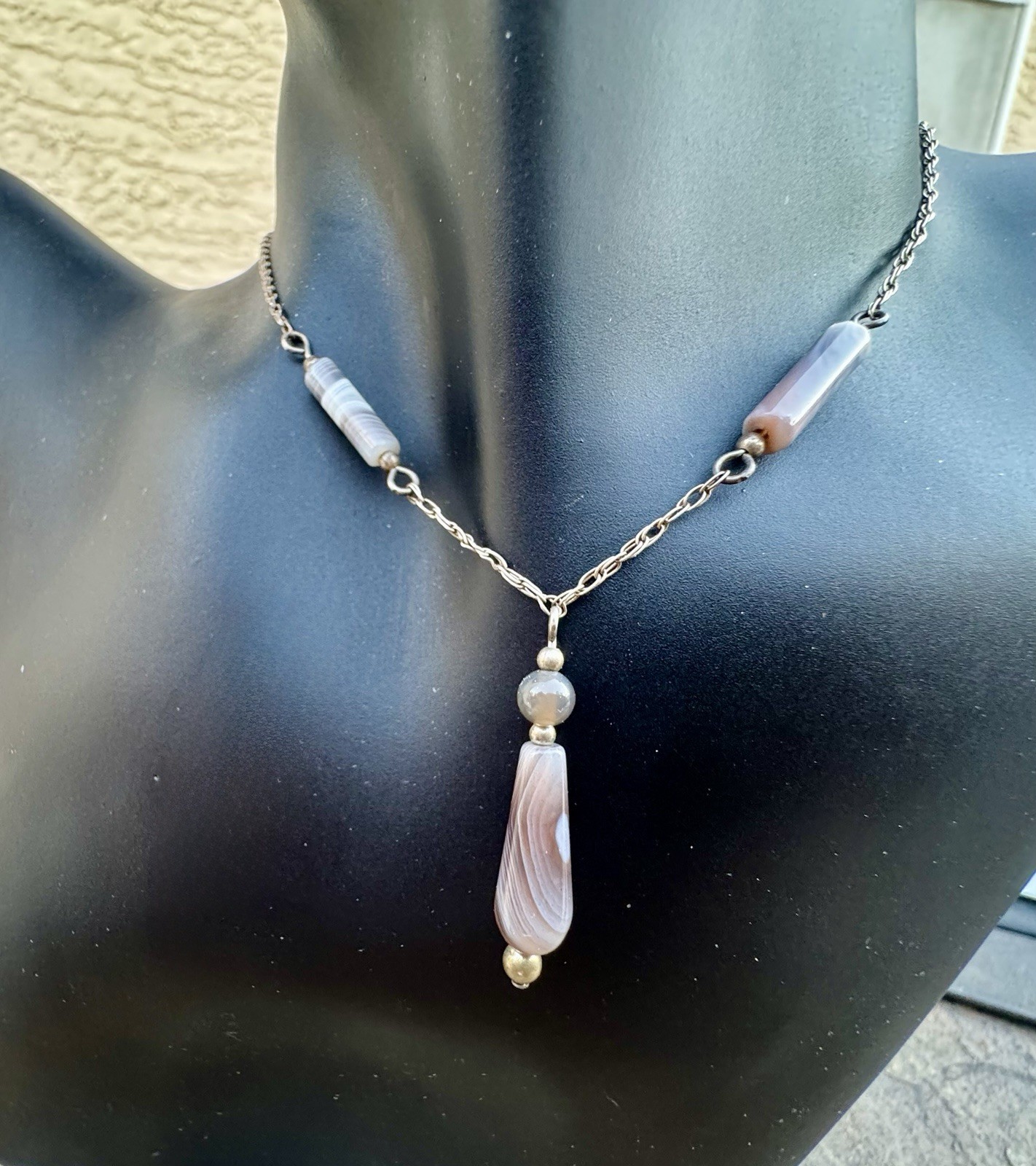 Sterling Silver 925 Muted Earth-tone Y Drop Agate Layered Stones / 18” Necklace