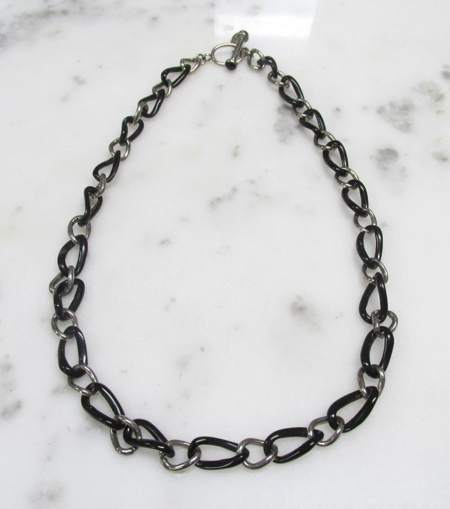 Sterling Silver & Black Plastic Link Chain Necklace ~ 18″ ~ 21.3grams ~ 3-G369