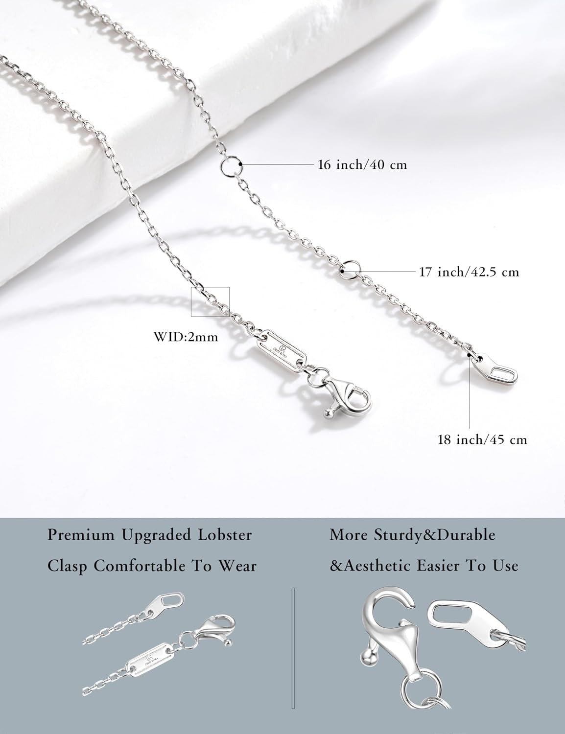 S925 Sterling Silver Chain Necklace for Women, 18 Inch Adjustable, Classic, Fash