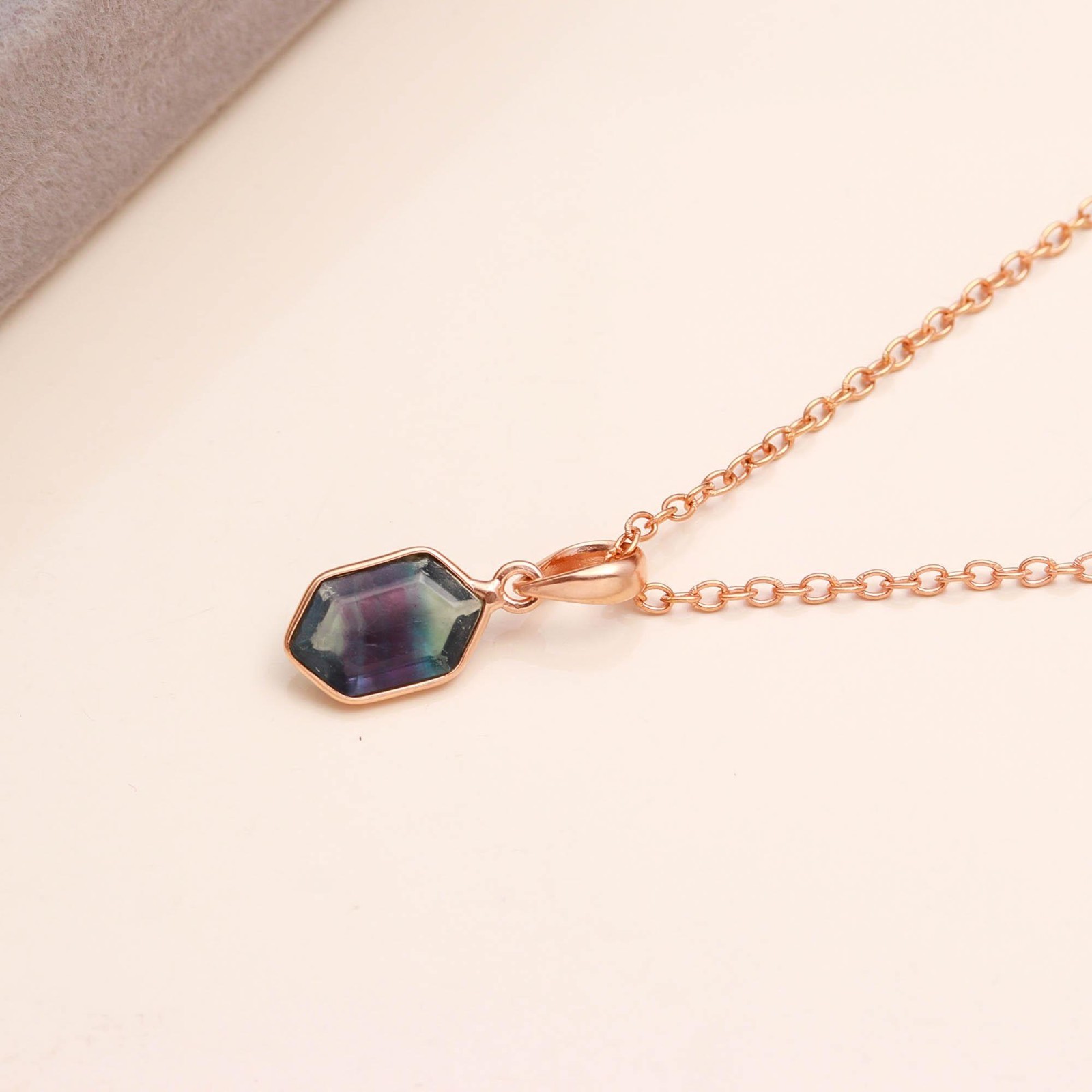 Natural Fluorite Hexagon Necklace Rose Gold Plated 925 Sterling Silver Jewelry