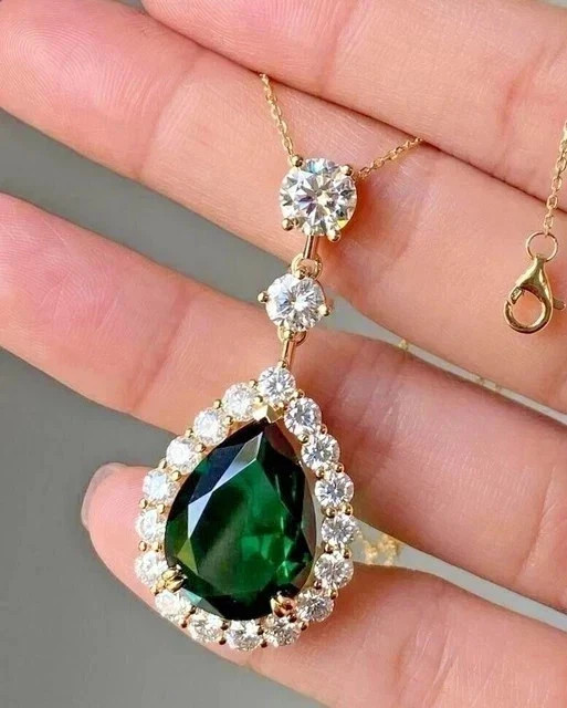 2Ct Pear Lab Created Green Emerald Halo Women’s Pendant 14k Yellow Gold Plated