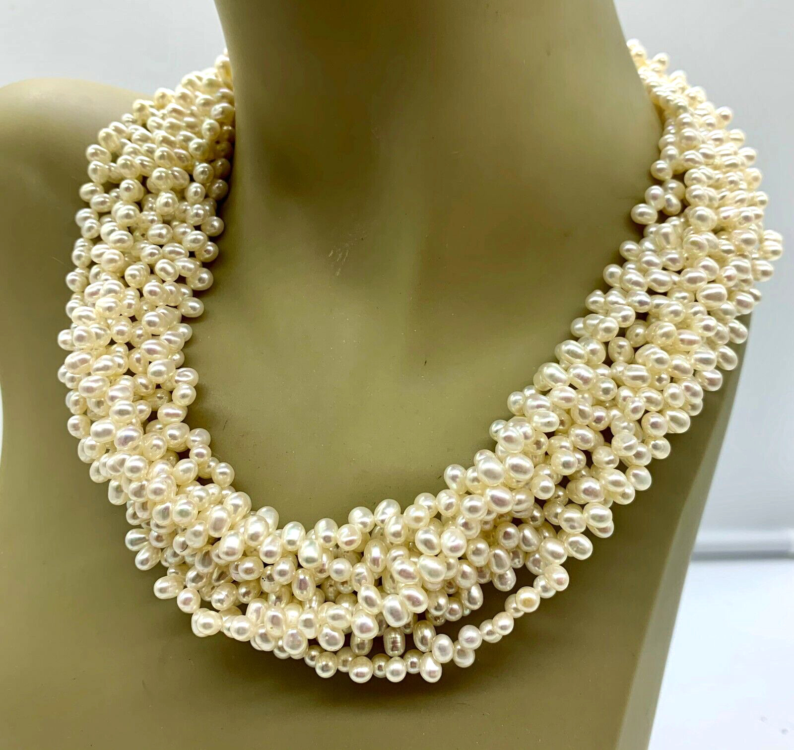 ESTATE STERLING SILVER CULTURED WHITE FRESHWATER PEARL 8 ROW STATEMENT NECKLACE