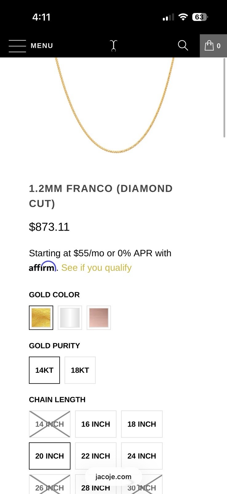1.2mm Franco Diamond Cut 20 Inch 14kt Yellow Gold Chain Jacoje Italy 4.9 Grams