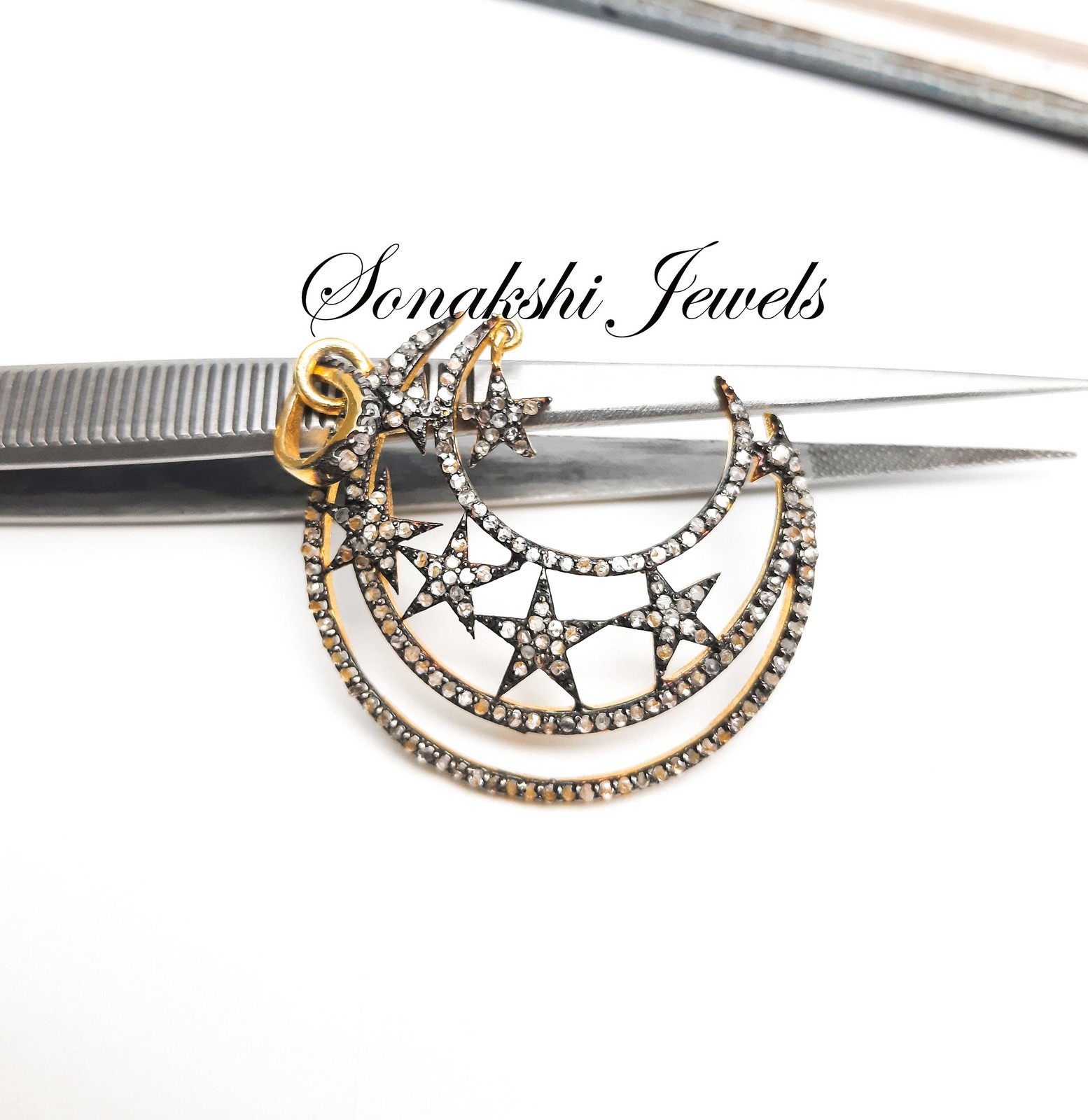 Rose Cut Diamond Moon Star Pendant: Handmade 925 Sterling Silver Pendent