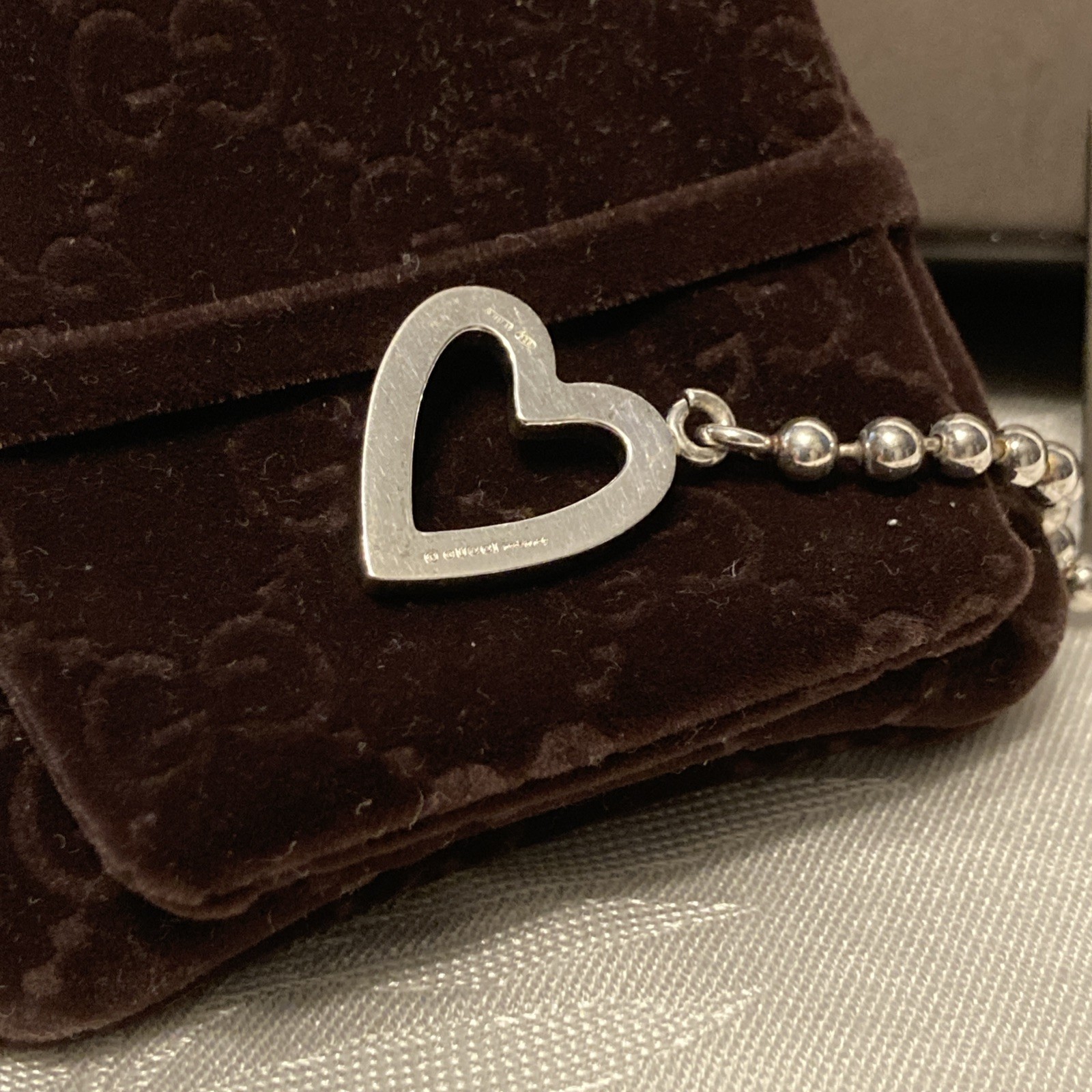 Genuine GUCCI Bead Heart Toggle Sterling Silver Boule Choker Necklace With Box