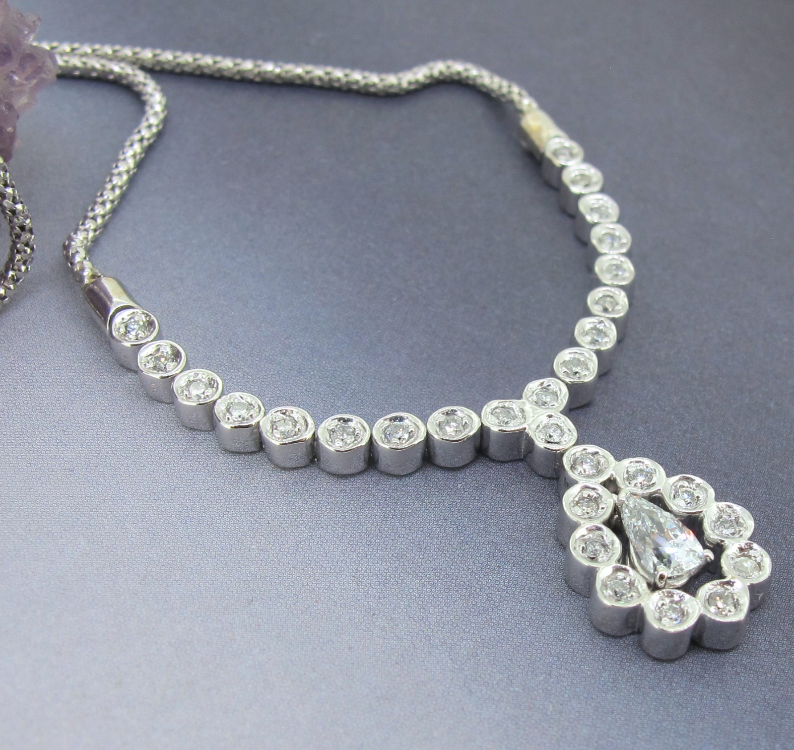 .78 ctw Diamonds Round and Pear Shape 14k White Gold Drop Necklace 16.5 in