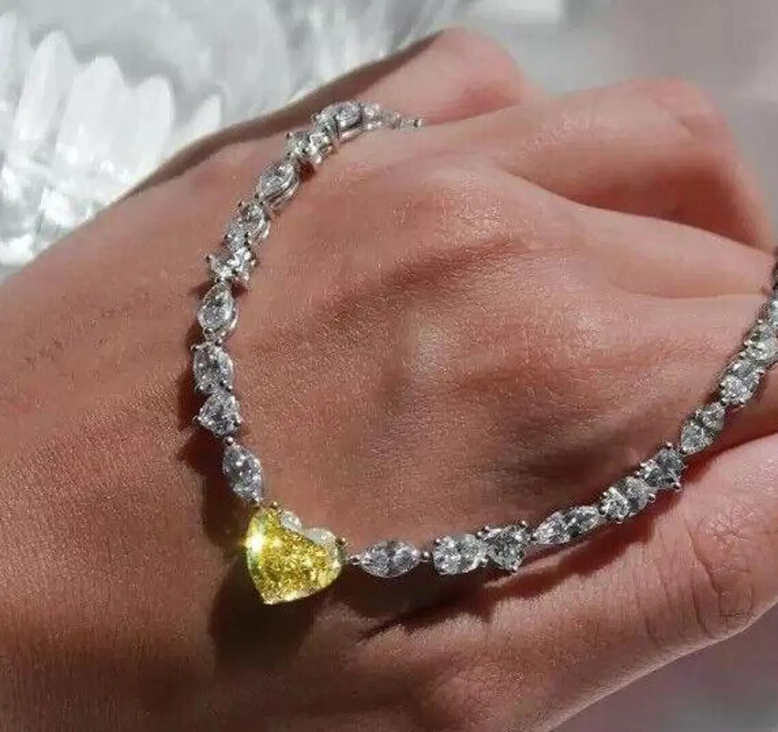 Multi-Shaped Canary Yellow & White Diamond 14K White Gold Over Tennis Necklace