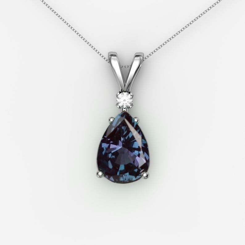 Teardrop Cut Silver Alexandrite Necklace June Birthstone Color Changing