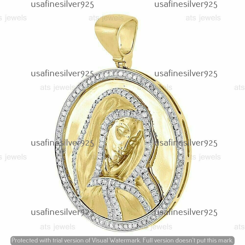 2 CT Moissanite Mother Mary Medallion Pendant Charm Piece 14K Yellow Gold Plated