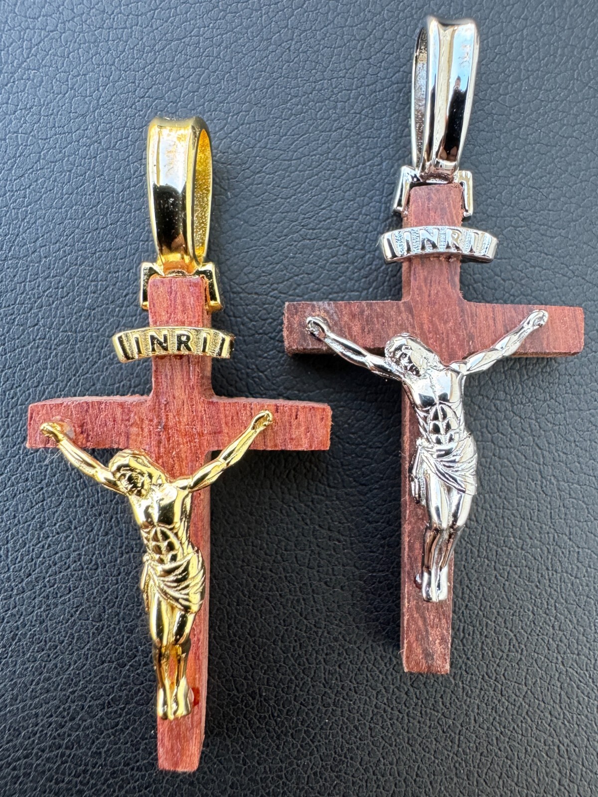 Mens Real 925 Silver Red Cherry Walnut Wood Jesus Cross Pendant Necklace 1.25″