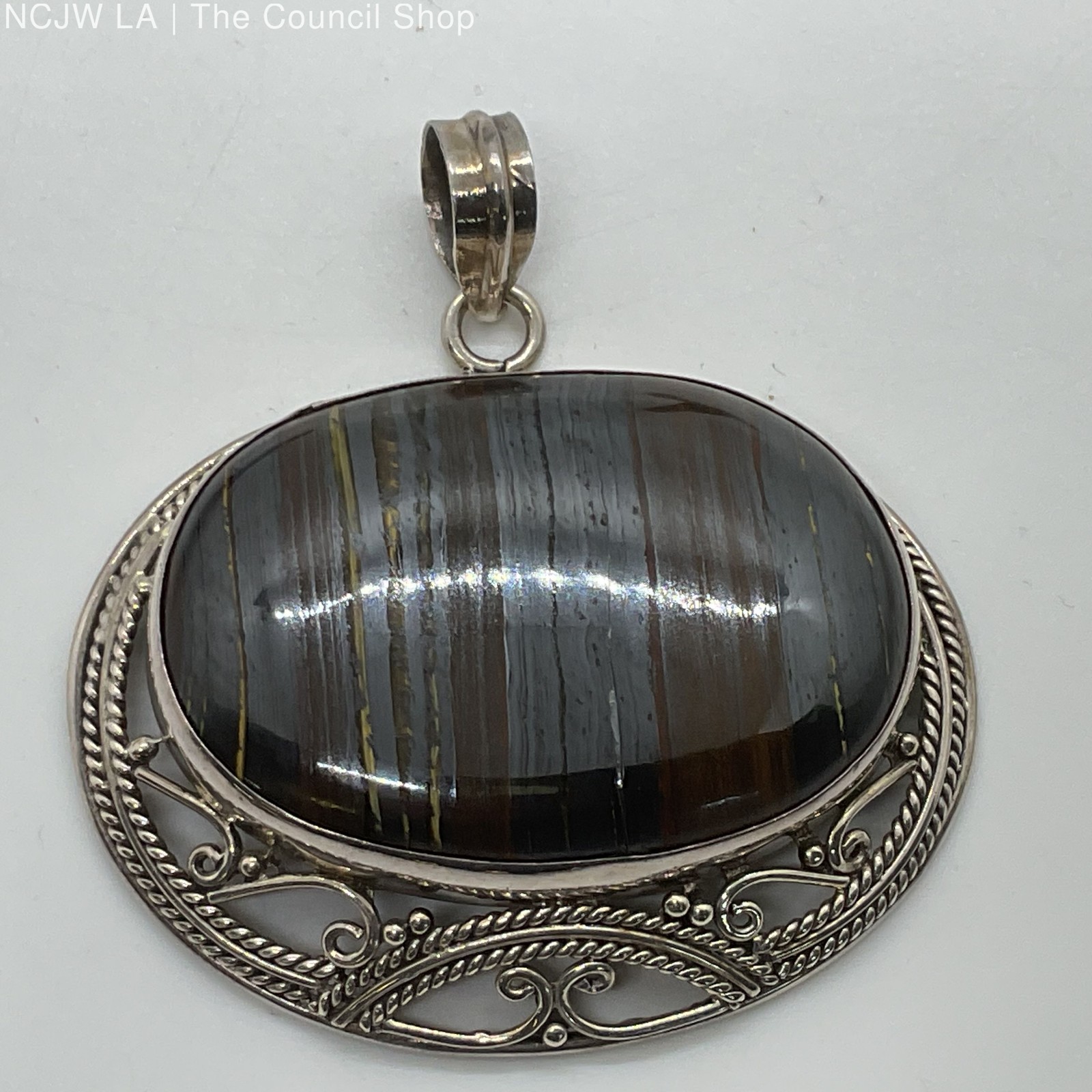 Sterling Silver 45mm Iron Tiger’s Eye 2.5″ Pendant- 47.74g