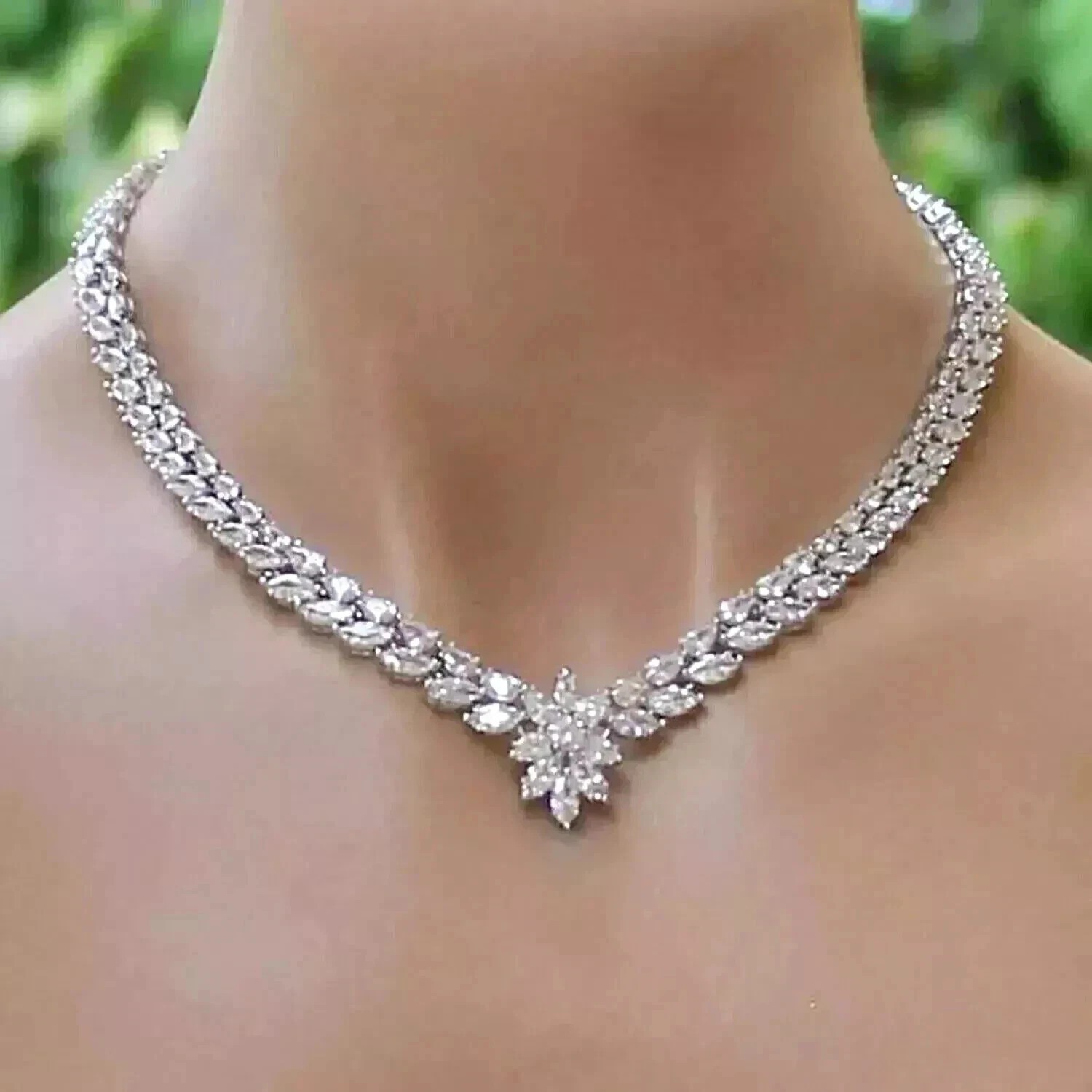 GJ Jewels Luxury Floral Diamond Necklace Sterling Silver Wedding Bridal Jewelry
