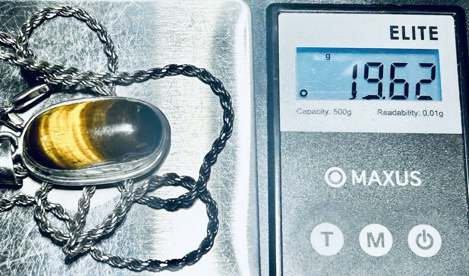 Large Oval Tigers Eye Pendant Necklace On Thick Sterling Rope Chain 19.62 Gr