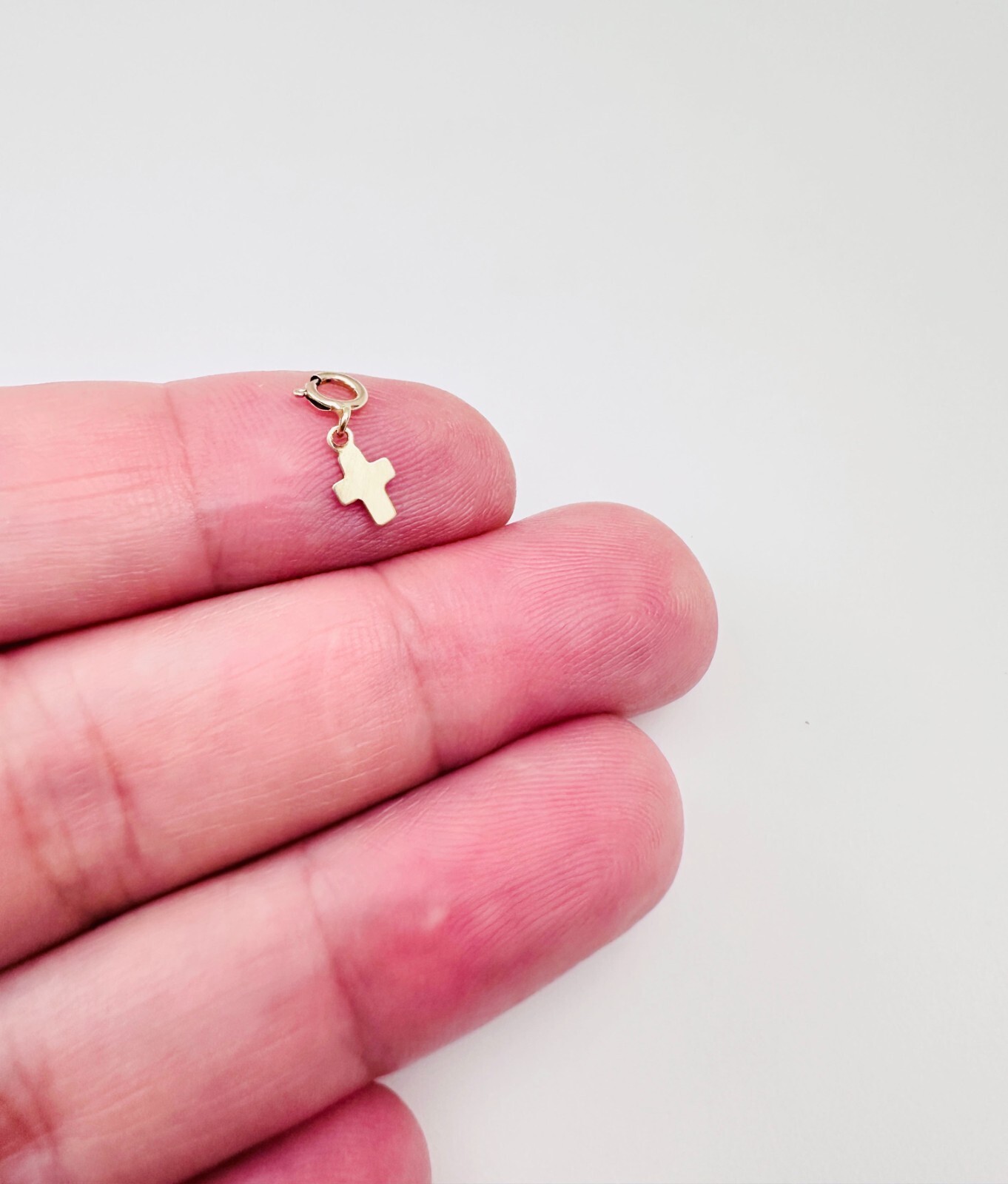 14K Solid Yellow Gold Teeny Tiny Cross Charm Pendant w/Spring Clasp