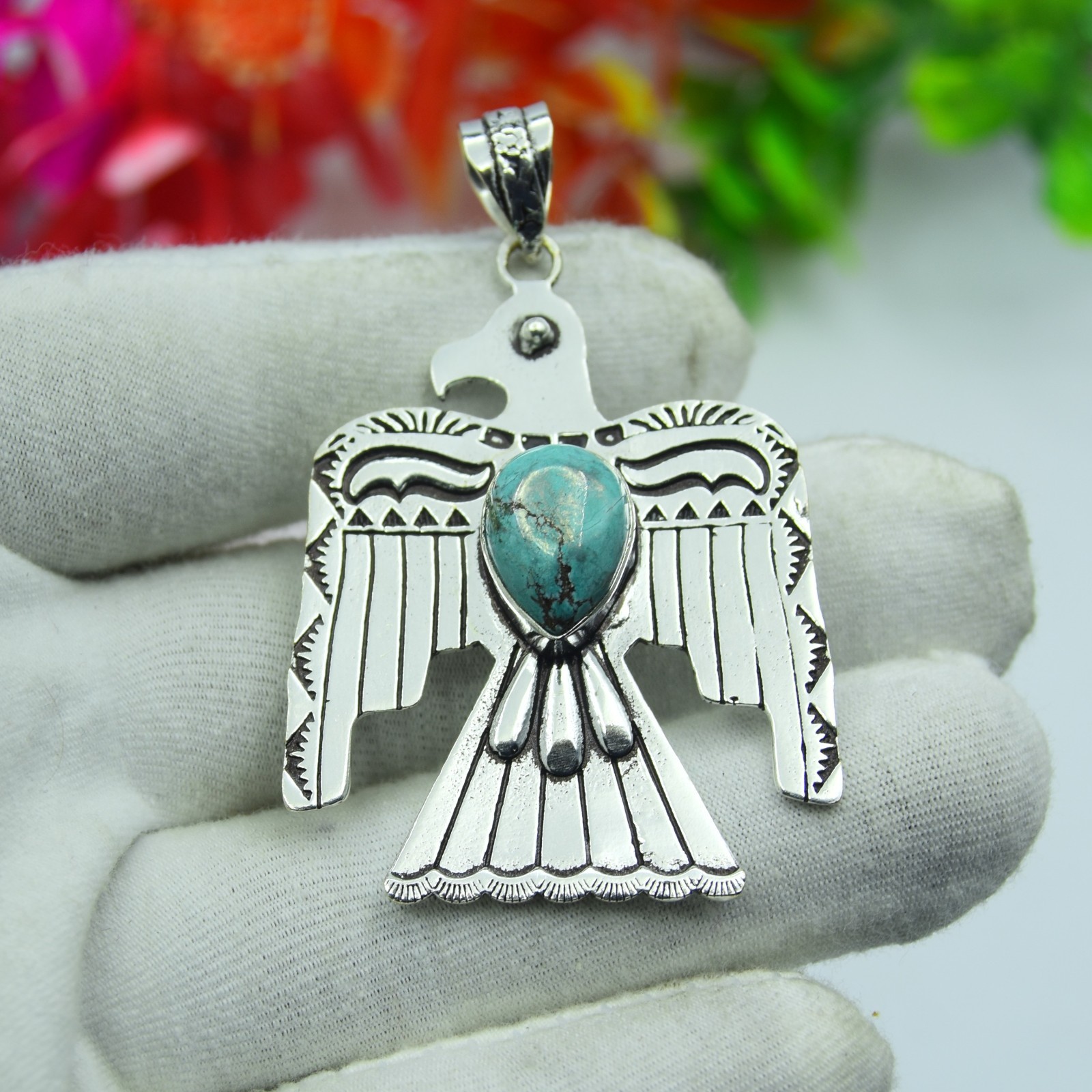 Blue Turquoise Thunder Bird Pendant Handmade 925 Sterling Silver Pendant Jewelry