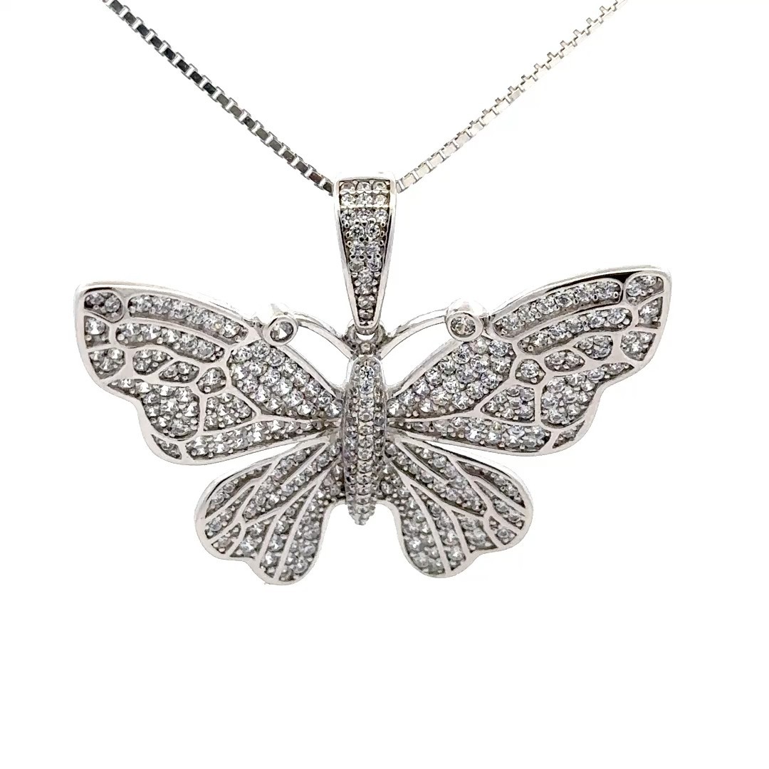 Sterling Silver Micro Pave CZ Butterfly Pendant (1 1/4 x 1 1/2 Inch)