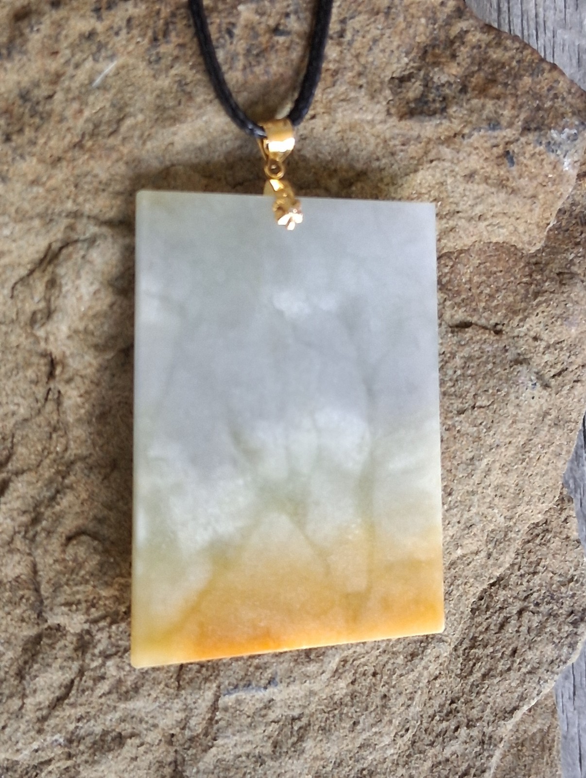 Certified Rectangle Jade Pendant Necklace 18k Yellow Gold Bail Black Cord Signed