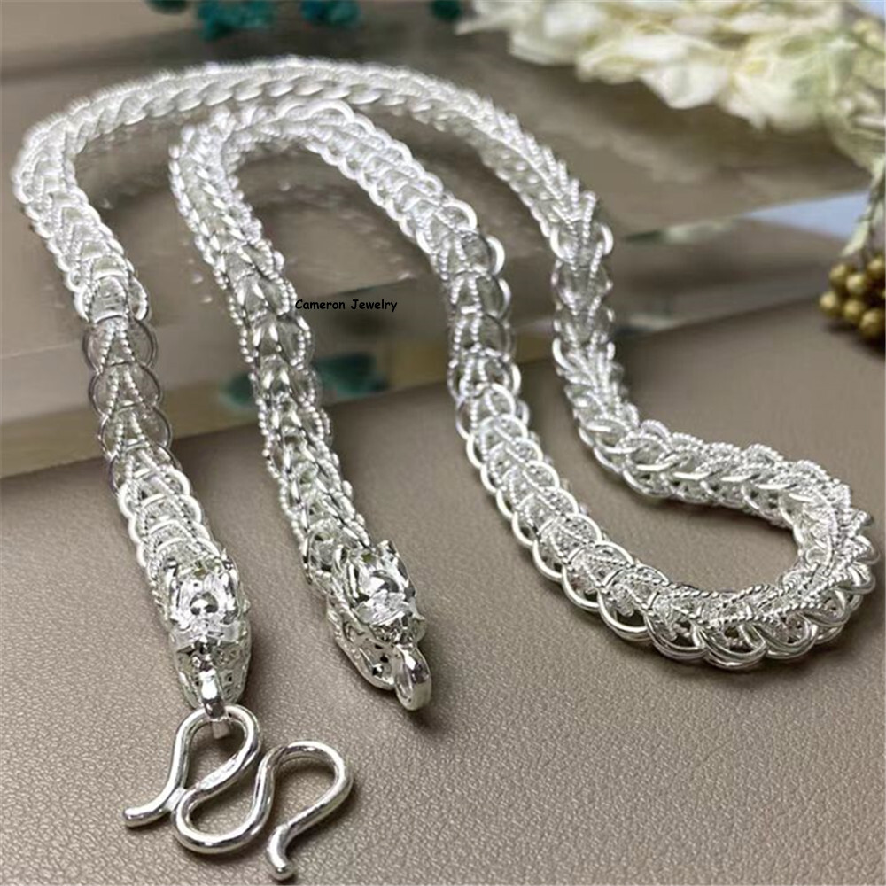 Pure 999 Fine Silver Chain Double Dragon 10mm Wheat Link Necklace 70-71g 23.6in