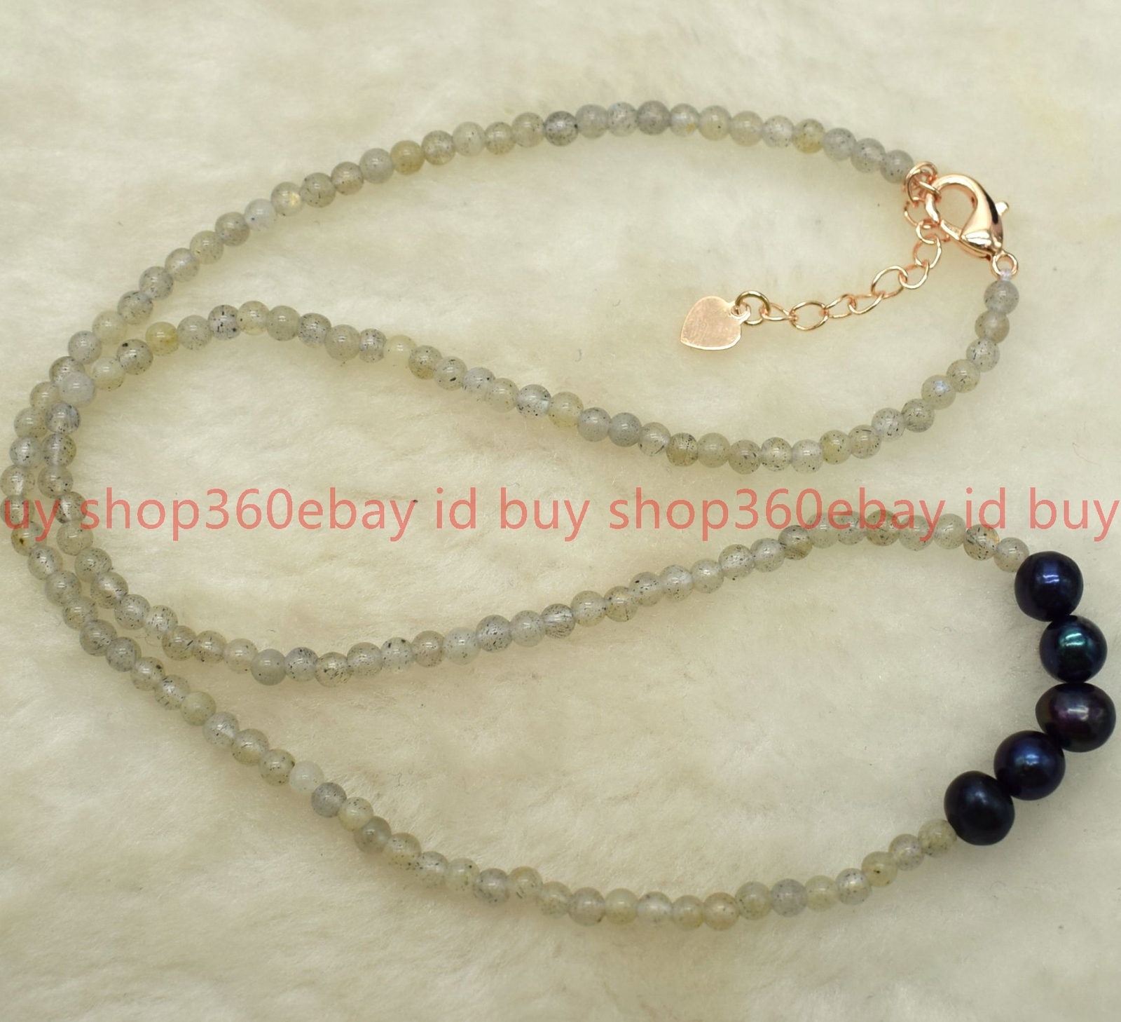 Natural 3mm Gray Labradorite Round Gemstone Beaded Black Pearl Necklace 16-28in