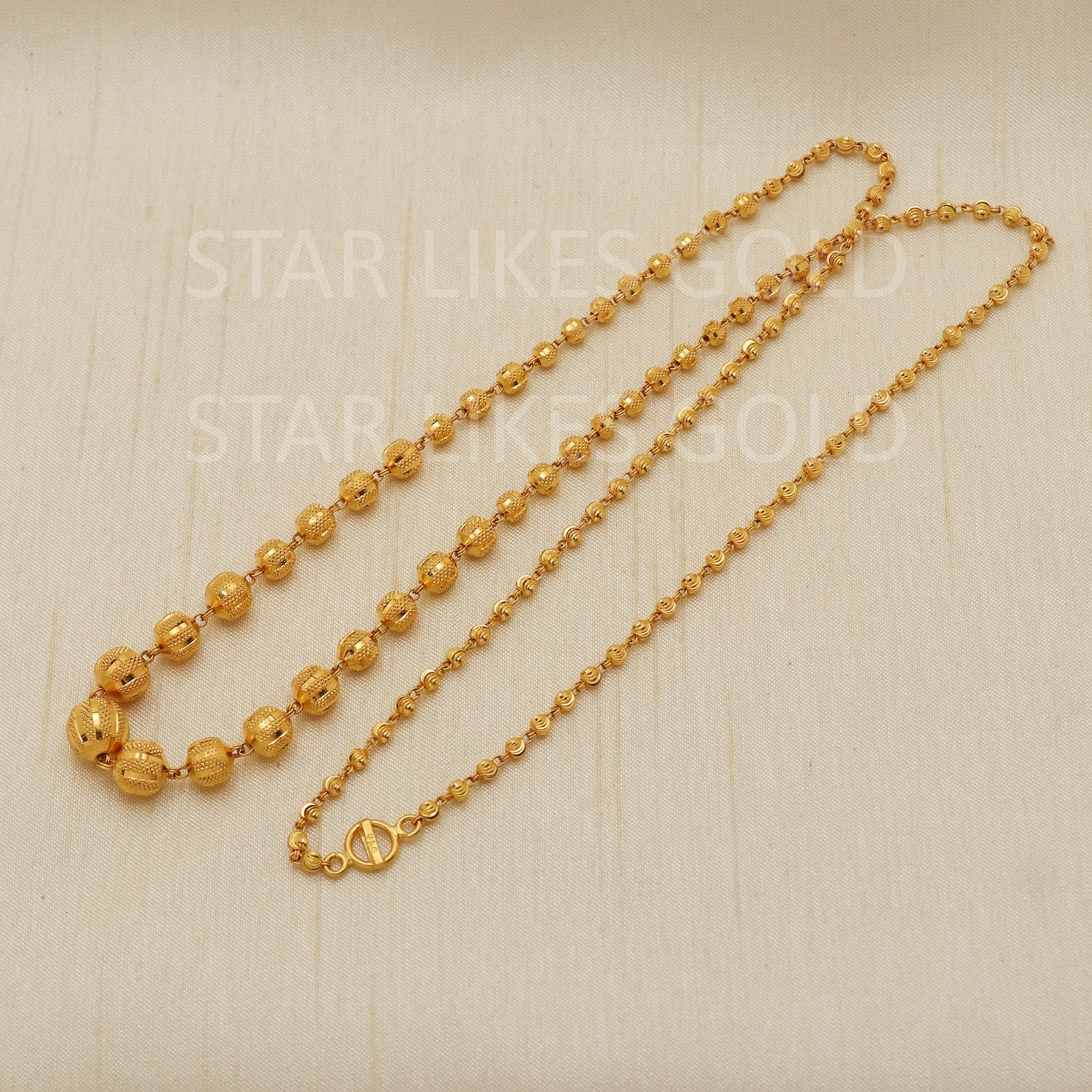 22K Yellow Gold Graduated Ball Chain 23.5″ 23.69g 8mm-2mm Textured Mala Necklace