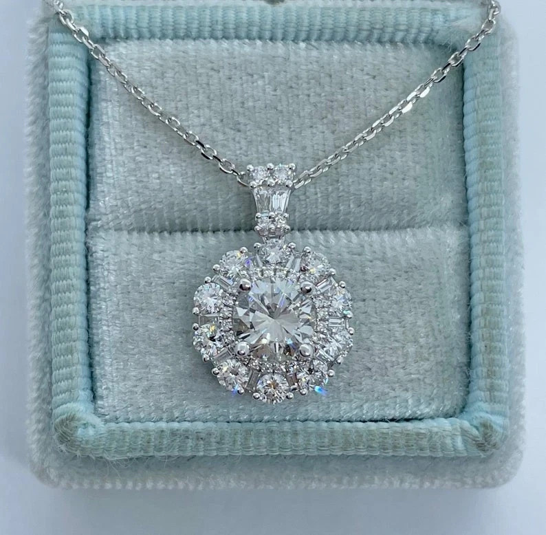 1.84CT Round Cut Halo Moissanite Wedding Pendant 14K White Gold Plated For Women