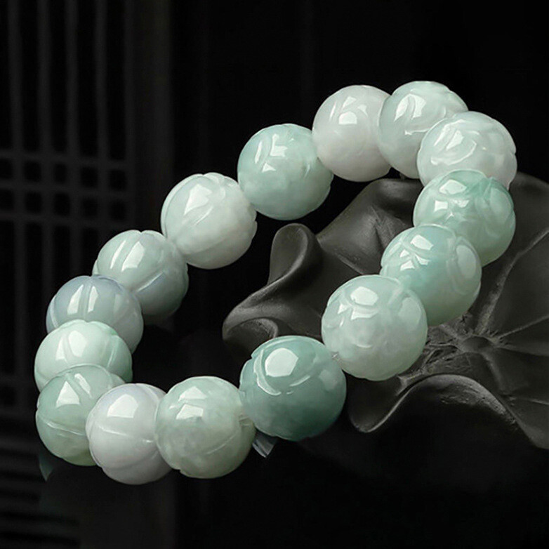 Natural Grade A Jadeite 13mm Lotus Flower Jade Bead Bracelet 7.16inch