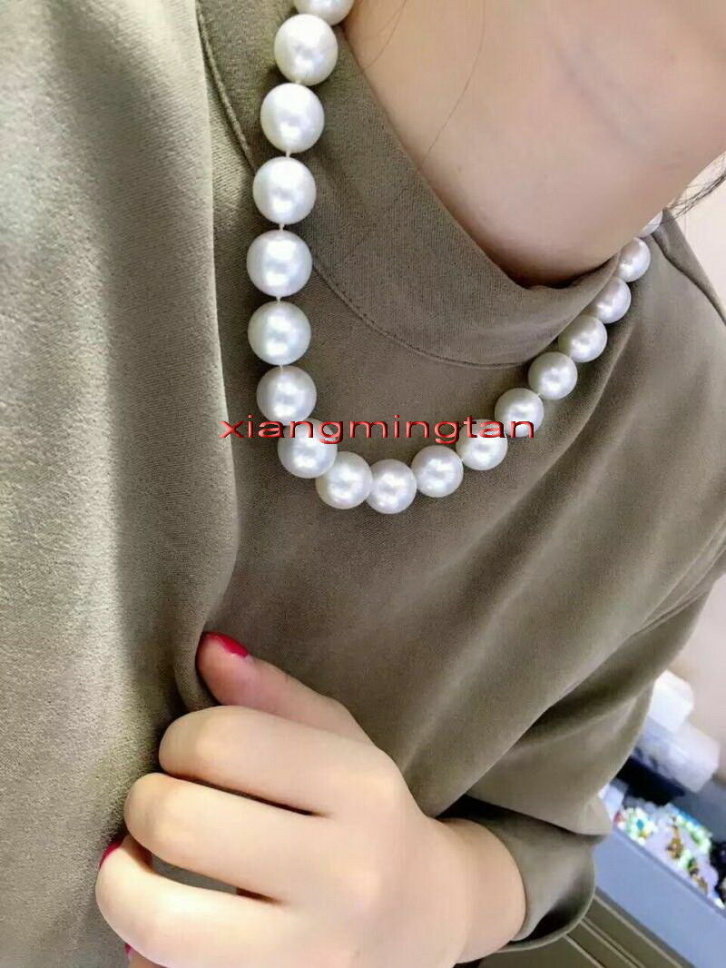 Australia top 18″12-14mm REAL south sea Perfect round WHITE pearl necklace 14k