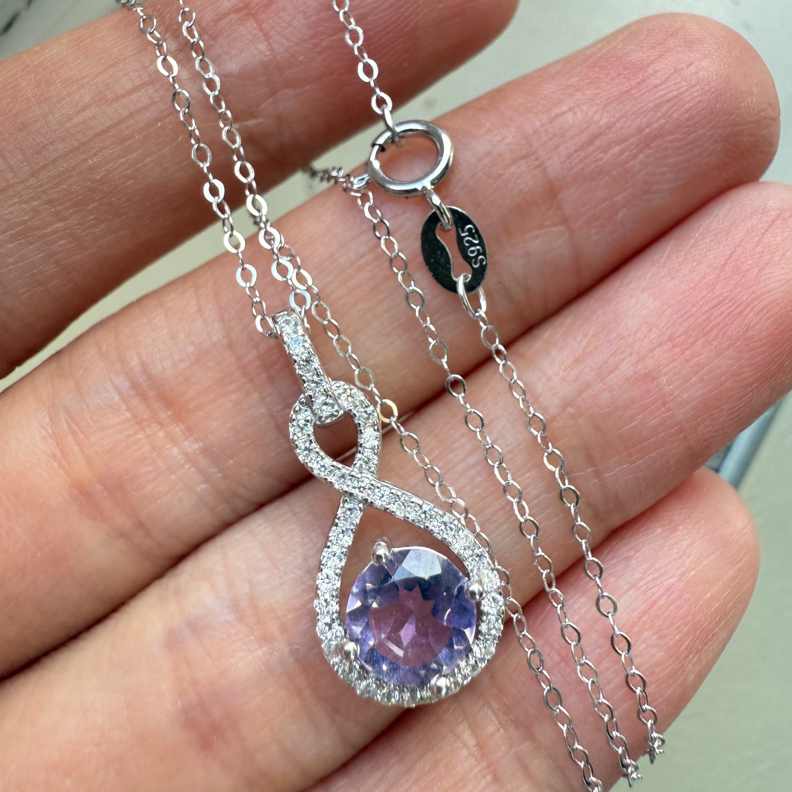 925 Sterling Silver Necklace 6mm Natural Amethyst Gemstone Zircon Purple Chain