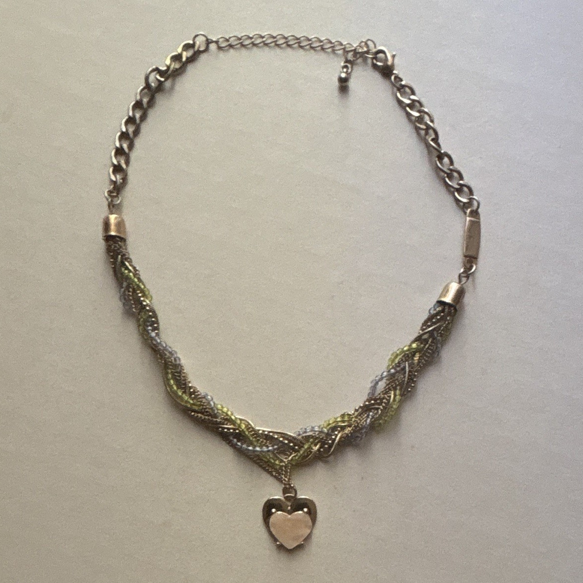 VTG Multicolor Mixed Gold tone braided Chain Necklace Heart Charm Adjust. 16in
