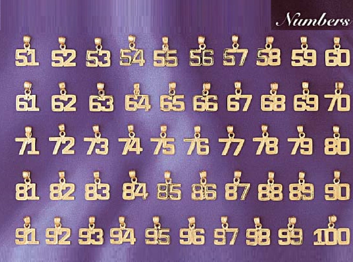 51 to 100 Any One 14K Yellow Gold Number Pendant / Charm, Made in USA