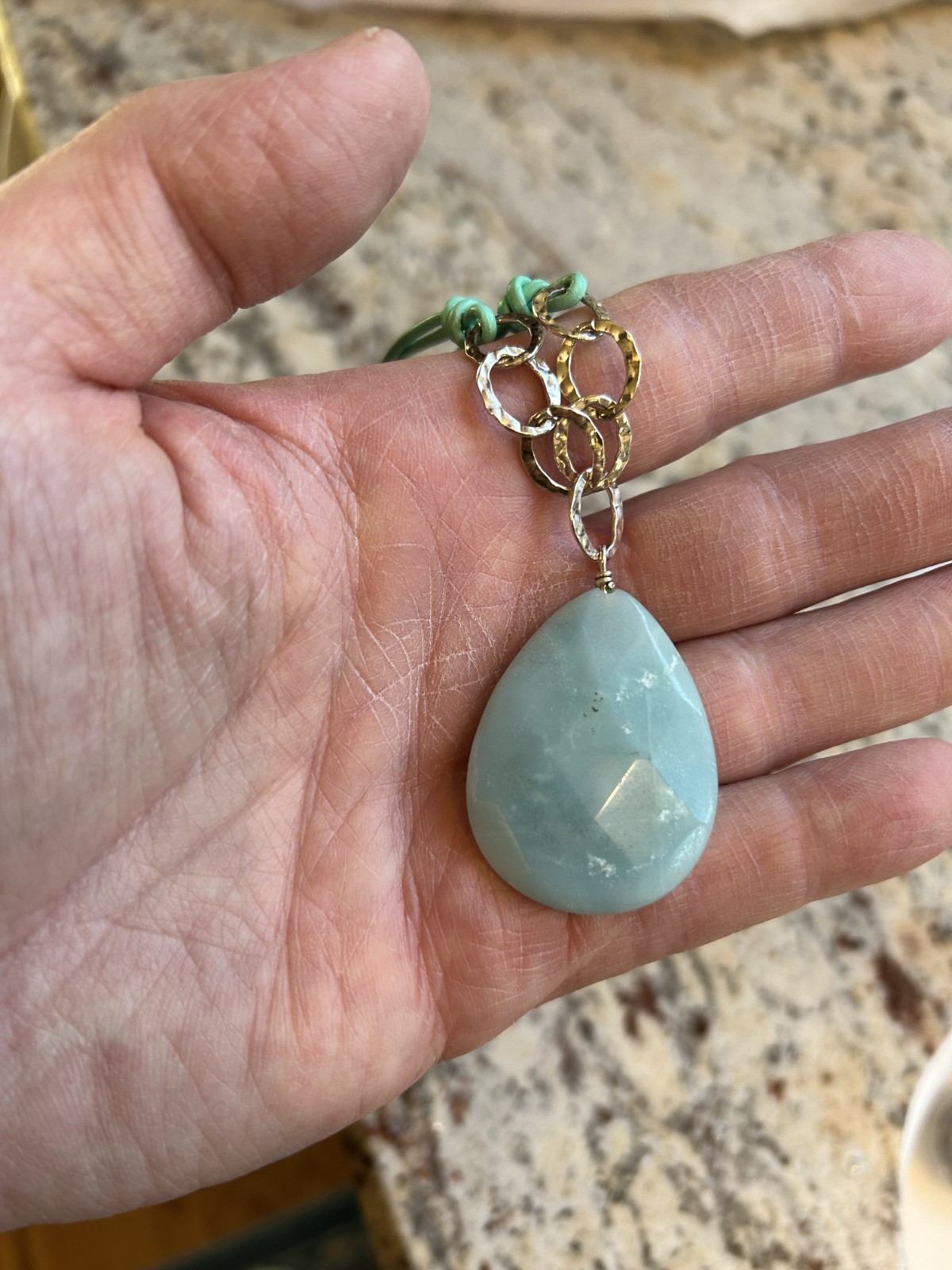 Aqua Amazonite 18″ Corded Necklace Teardrop 40mm Pendant Silver Estate New