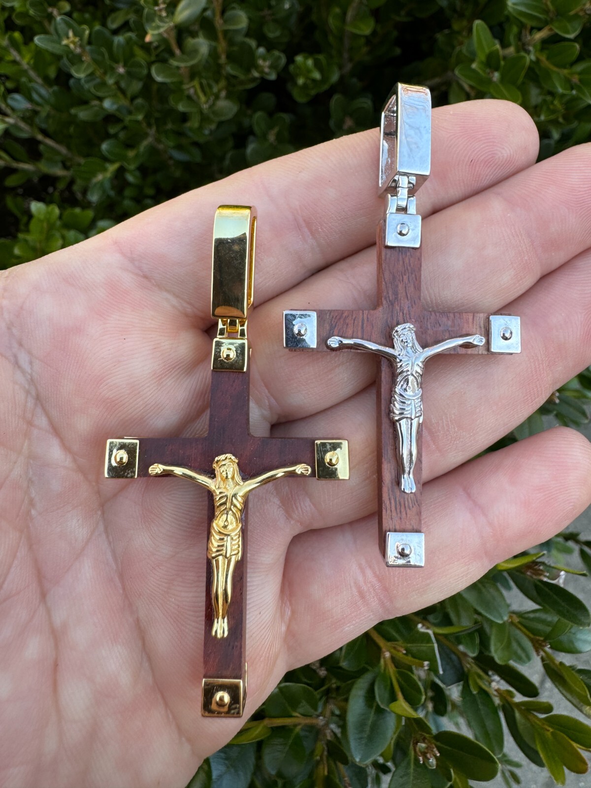 Plain Real 925 Silver & Natural Wood Jesus Cross Pendant Necklace ITALY Handmade
