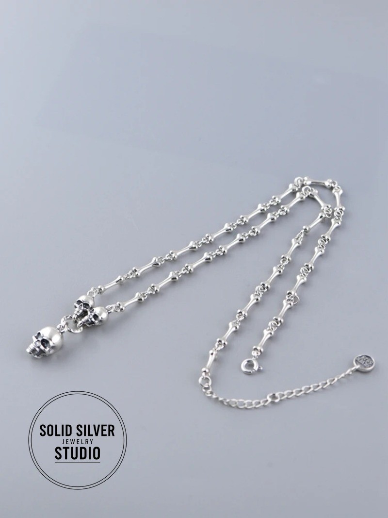 S925 Authentic Sterling Silver Skull&Bone Link Chain Punk Gothic Biker Necklace