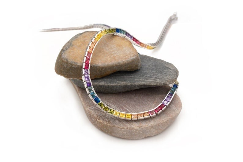 30 ctw Created Princess Rainbow Sapphire 14K Gold Plated Tennis Women’s Necklace