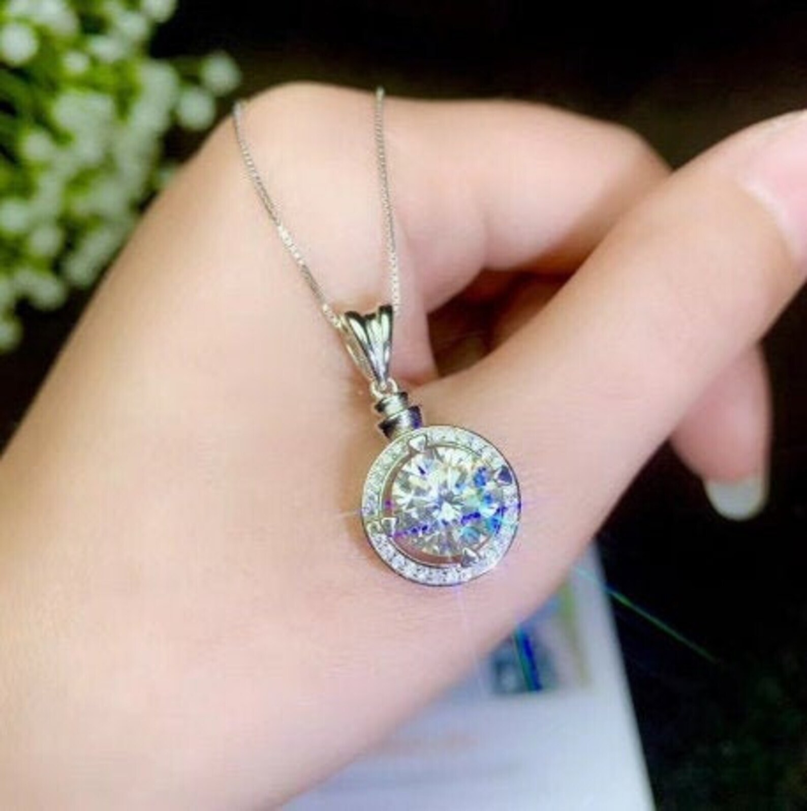 Moissanite Halo Wedding Pendant 14K White Gold 2Ct Round Brilliant Cut For Women