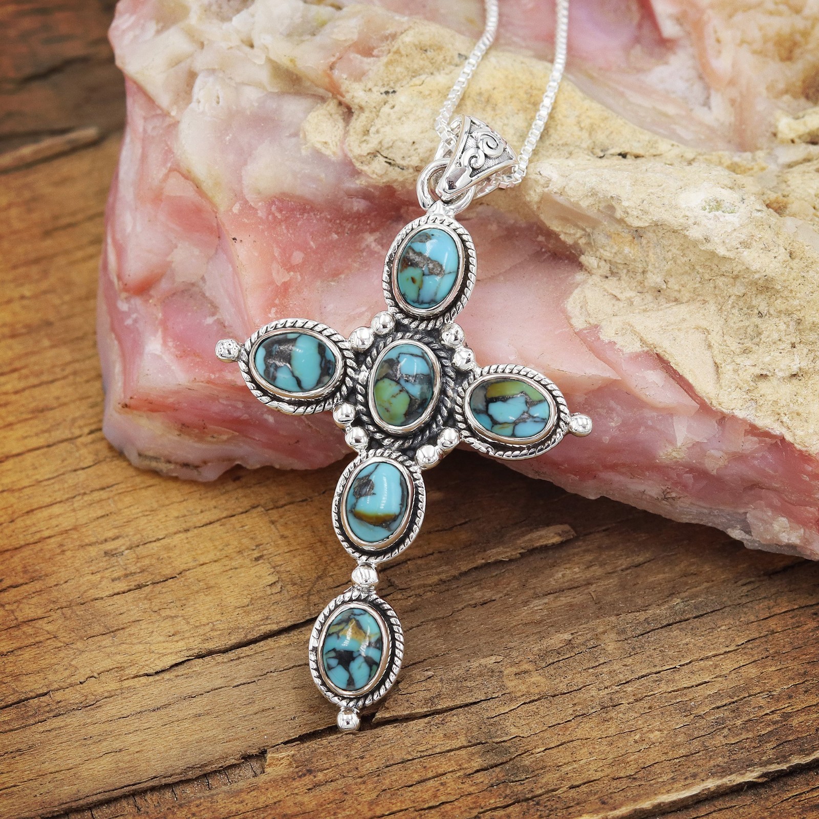 Turquoise Cross Necklace in 925 Sterling Silver with Chain