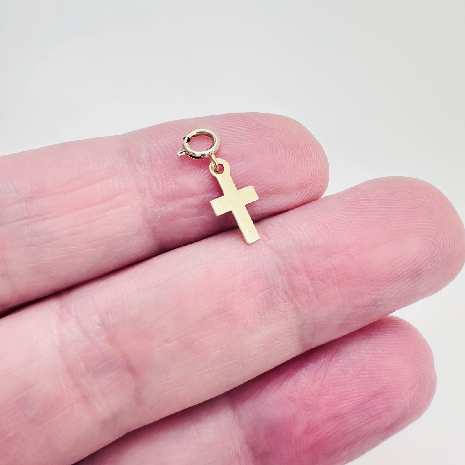14K Solid Yellow Gold 10mm Mini Petite Cross Charm Pendant w/Spring Clasp