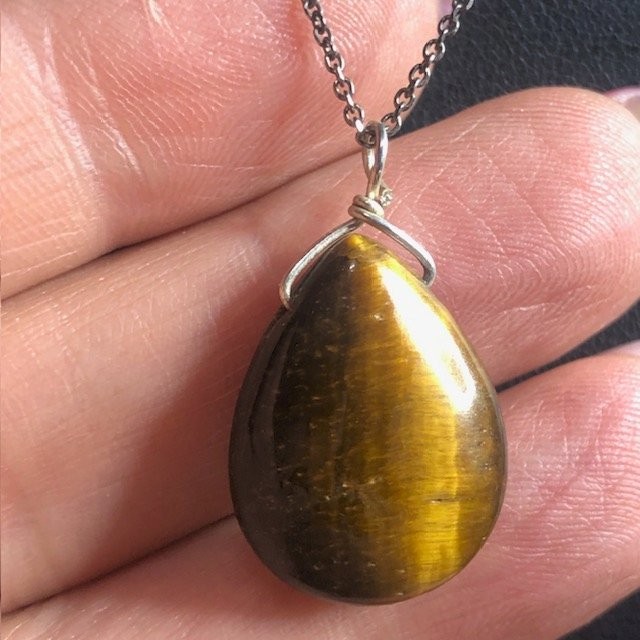 B1835 Tiger’s Eye Teardrop Pendant Necklace 925 Sterling Silver Italy Chain 16″