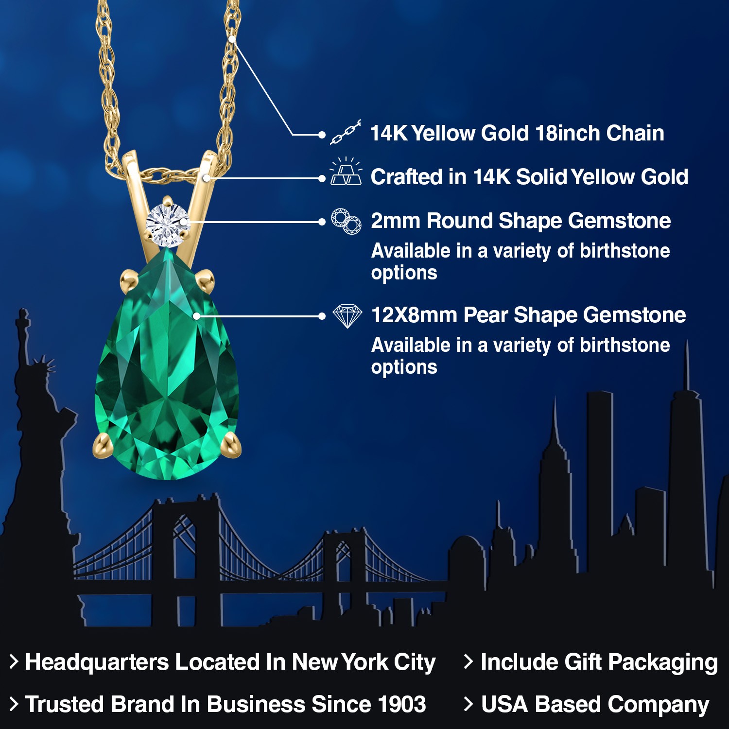 14K Yellow Gold Nano Emerald and White Moissanite Pendant Necklace for Women |