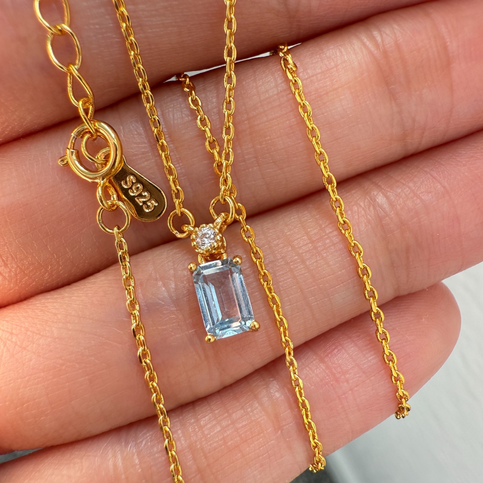 925 Sterling Silver Necklace 6x4mm Natural Blue Aquamarine 14K Gold Plated Chain