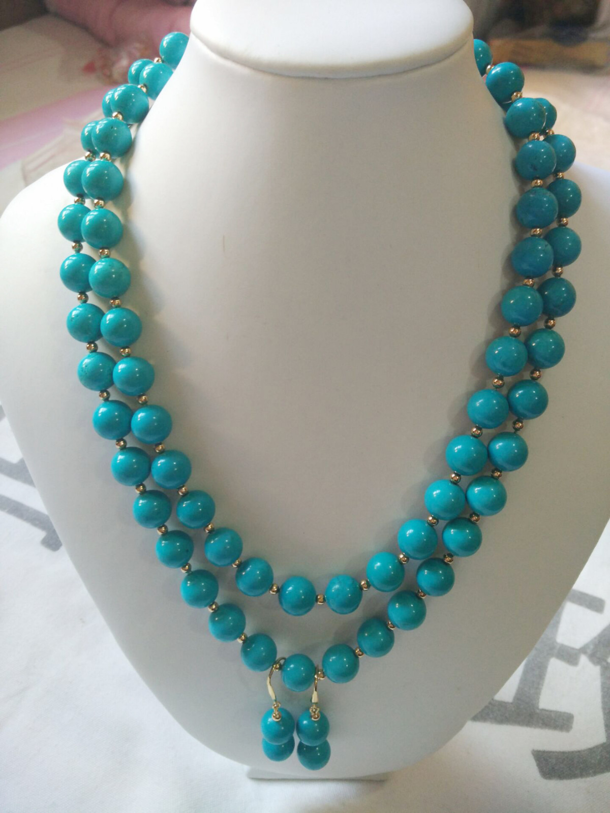 35″ Stunning AAA 10mm real natural green blue turquoise necklace earring set 14k