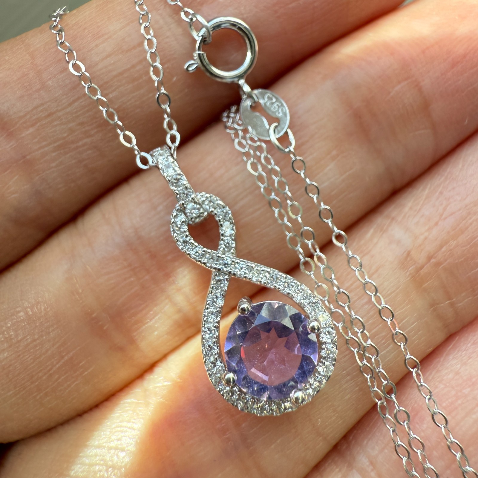 925 Sterling Silver Necklace 6mm Natural Amethyst Gemstone Zircon Purple Chain