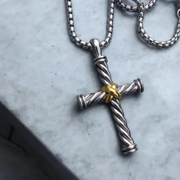 David Yurman Sterling Silver Cable X Cross Pendant Necklace – 18K /925
