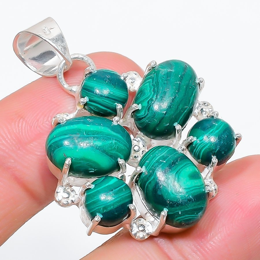 Green Malachite Gemstone 925 Sterling Silver Jewelry Pendant Size 1.65″For Gift