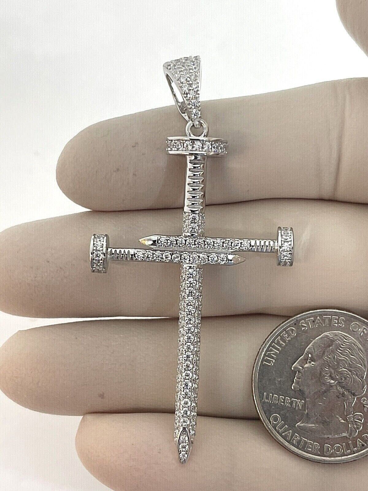 1.00Ct Lab Created Diamond Round Nail Cross Pendant 14K White Gold Silver Plated